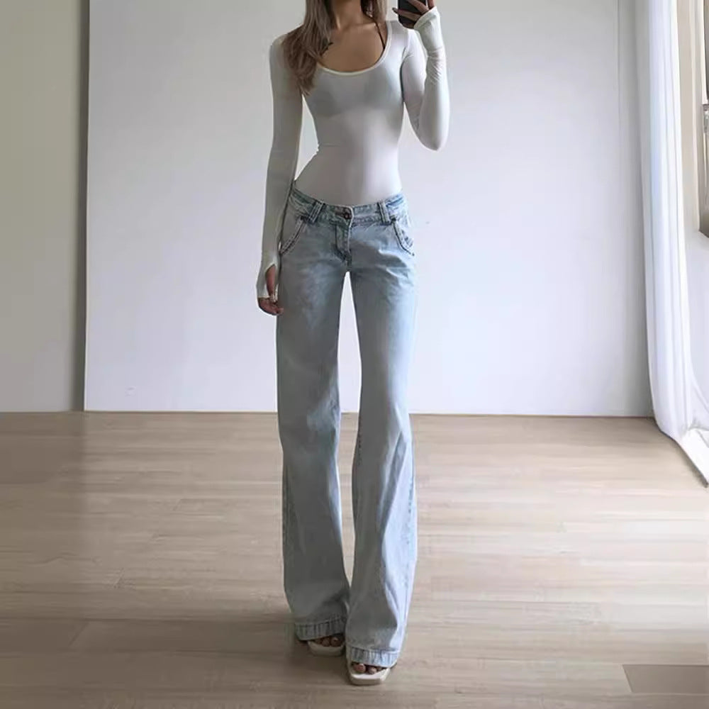 2024  American Retro High Street Jeans Washed Light Blue Design Sense Straight Mopping Pants Loose Trousers