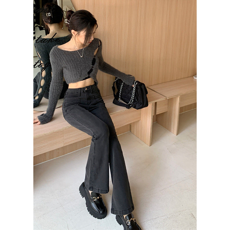 Black Bootcut Jeans Women's Spring High Waist Slimming Wide Leg Pants 2024 New Small Casual Horseshoe Pants