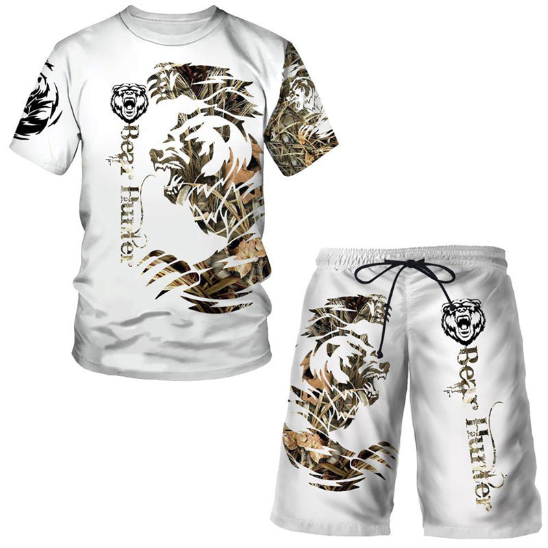 New  Cross Border Men's Suits 3D Digital Printing Animal Figure Short Sleeve Shorts Men's Beach Sports Pants