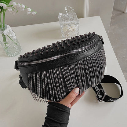 loveccr Cross-Border New Arrival Rivet Women's Bag European and American Locomotive Style Tassel Bag Ins Fashion Shoulder Messenger Bag Belt Bag Cell Phone Case