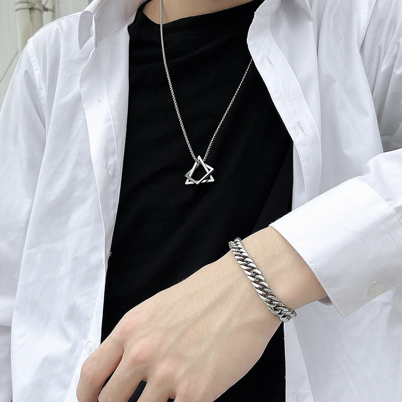 Cross-Border Geometric Triangle Square Combination Titanium Steel Hip Hop Necklace Men's Trendy Handsome Cool Earth Simple Pendant Accessories