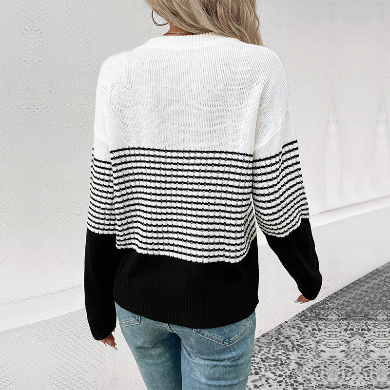 LOVECCR foreign trade pullover knitted sweater Hot autumn and winter new 2025 women's clothing  striped contrasting foreign trade sweater