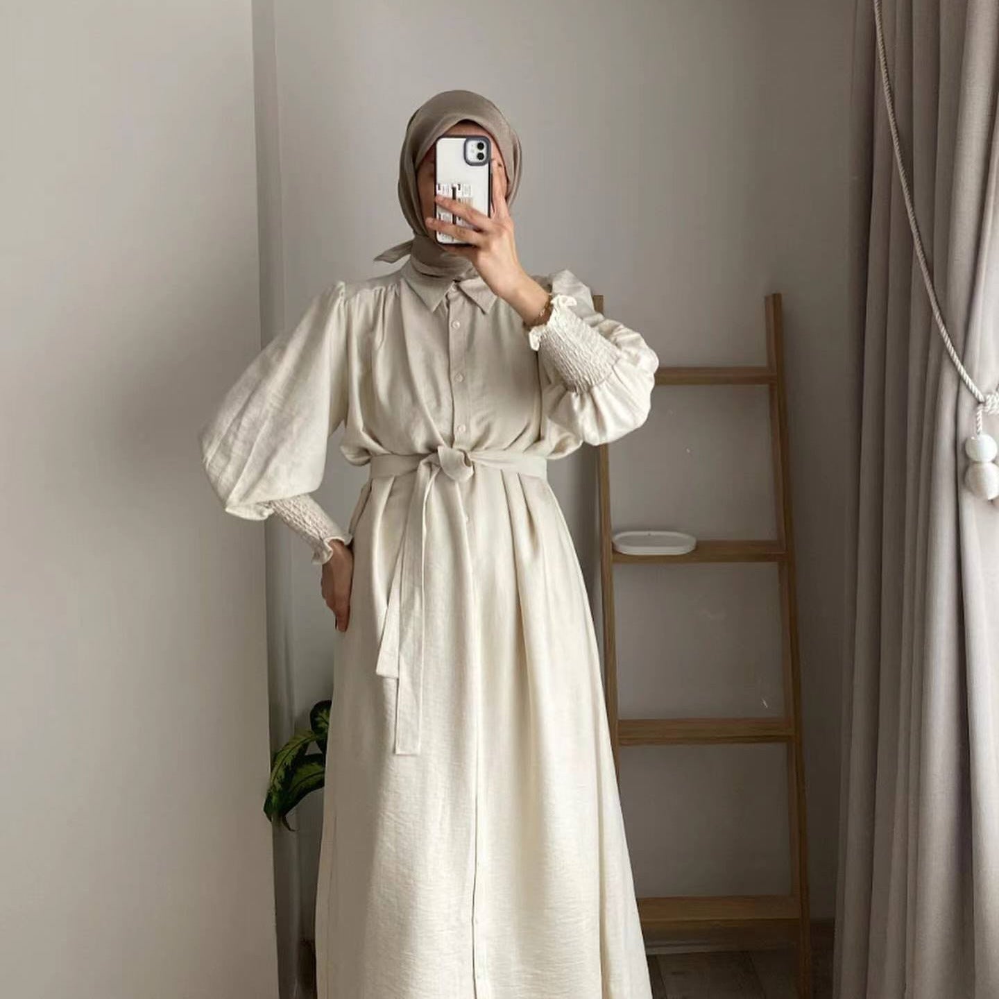 LOVECCR Cross-Border Women's Clothing Spring and Autumn New Pure Color Muslim Style Commuting Elegant Simple All-Matching Turn-down Collar Long Sleeve Loose