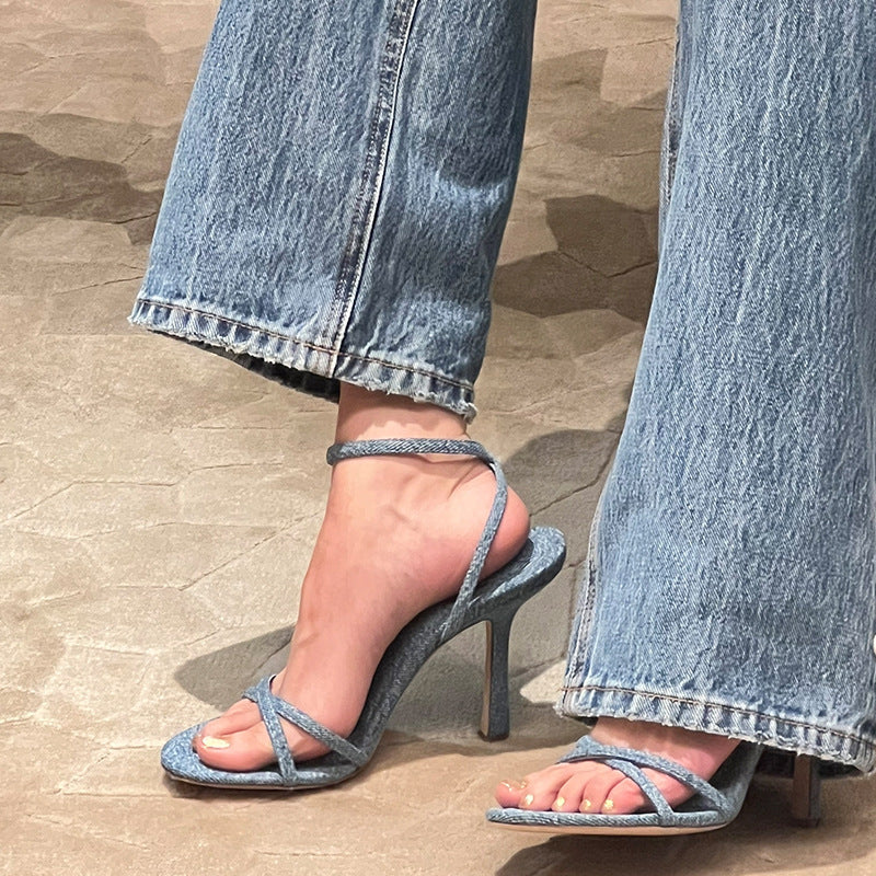 loveccr  HOTan and NEWn Summer  New Denim Cross Buckle Open Toe High Heel Stiletto Sandals Women