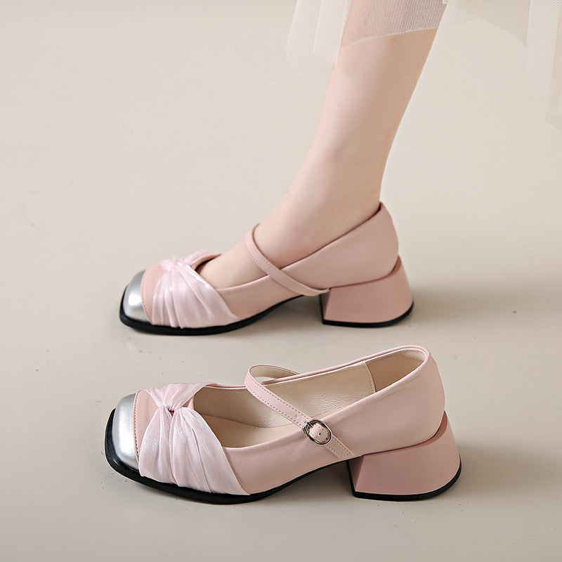 loveccr  High Heels Women Bow Classy Shoes with Skirt Gentle Retro Chunky Heel Mary Jane Shoes