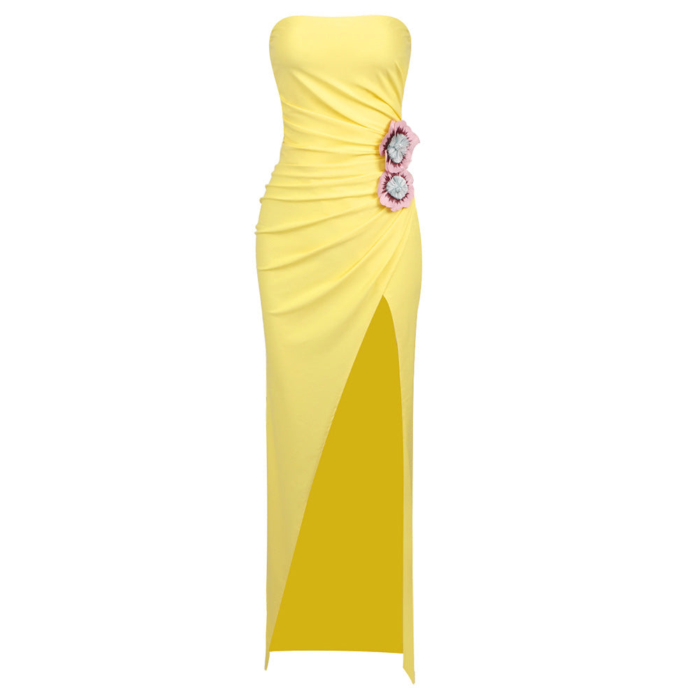 LOVECCR popular  summer new fashionable yellow three-dimensional embroidered dress long tube top dress 2025 women's clothing