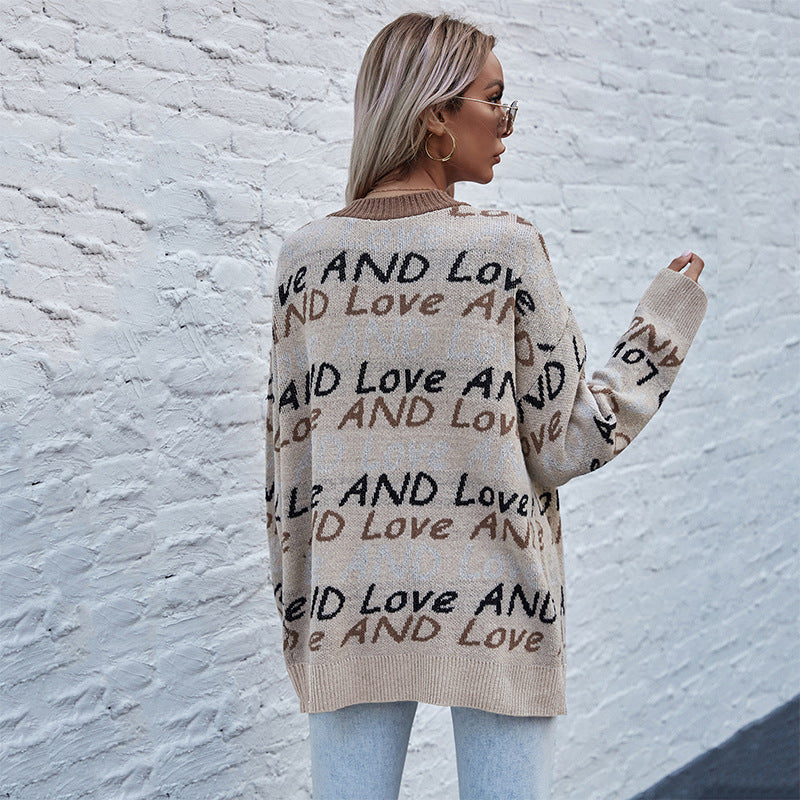 LOVECCR Hot autumn and winter knitted cardigan 2025 letter fashion jacquard long-sleeved medium and long sweater jacket