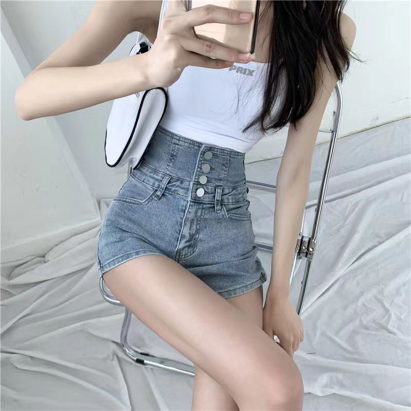 Summer New Ultra High Waist Denim Rope Shorts Women's Korean Style Loose-Fitting Wide-Leg Slim-Fit All-Match Breasted A- line Hot Pants