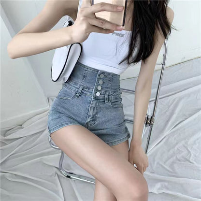 Summer New Ultra High Waist Denim Rope Shorts Women's Korean Style Loose-Fitting Wide-Leg Slim-Fit All-Match Breasted A- line Hot Pants