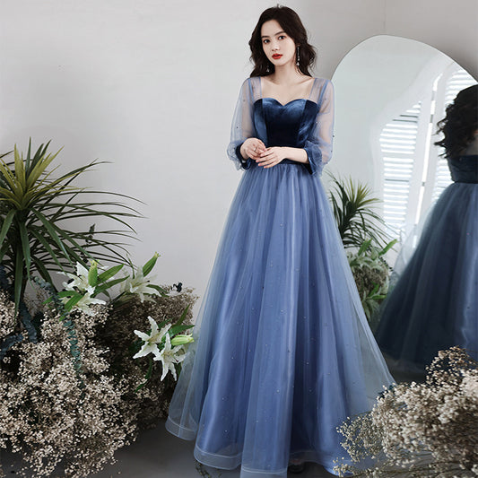 LOVECCR  Evening Dress 2021 New Spring Velvet Slimming Long Birthday Party Host Banquet Temperament Belly Covering Dress for Women