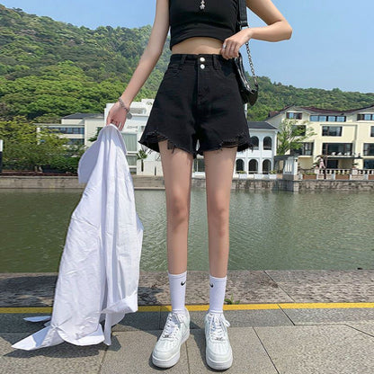 Double Buckle Thin Denim Shorts Women's Korean-Style High Waist Black Ins Style Hot Girl Raw Hem Ripped Wide Leg A- line Hot Pants Summer