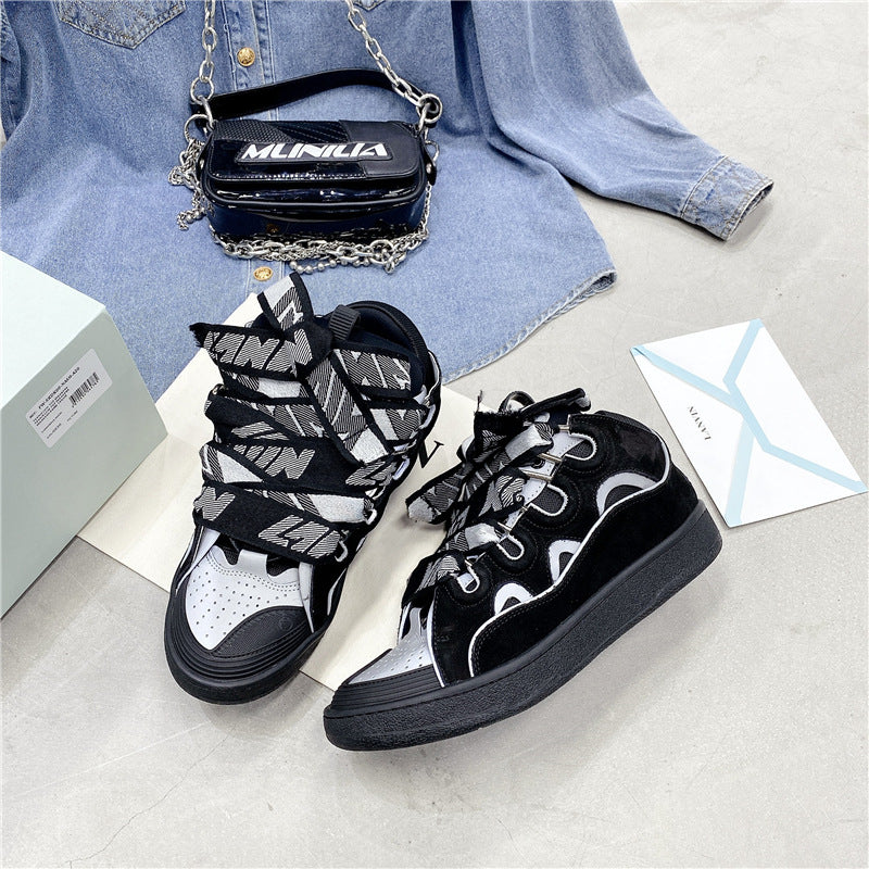 loveccr Fashion Brand Bread Shoes Chengyi Same Style Platform Height Increasing Shoes Lace up Daddy Shoes Men and Women Couple Leisure Sports Skateboard Shoes