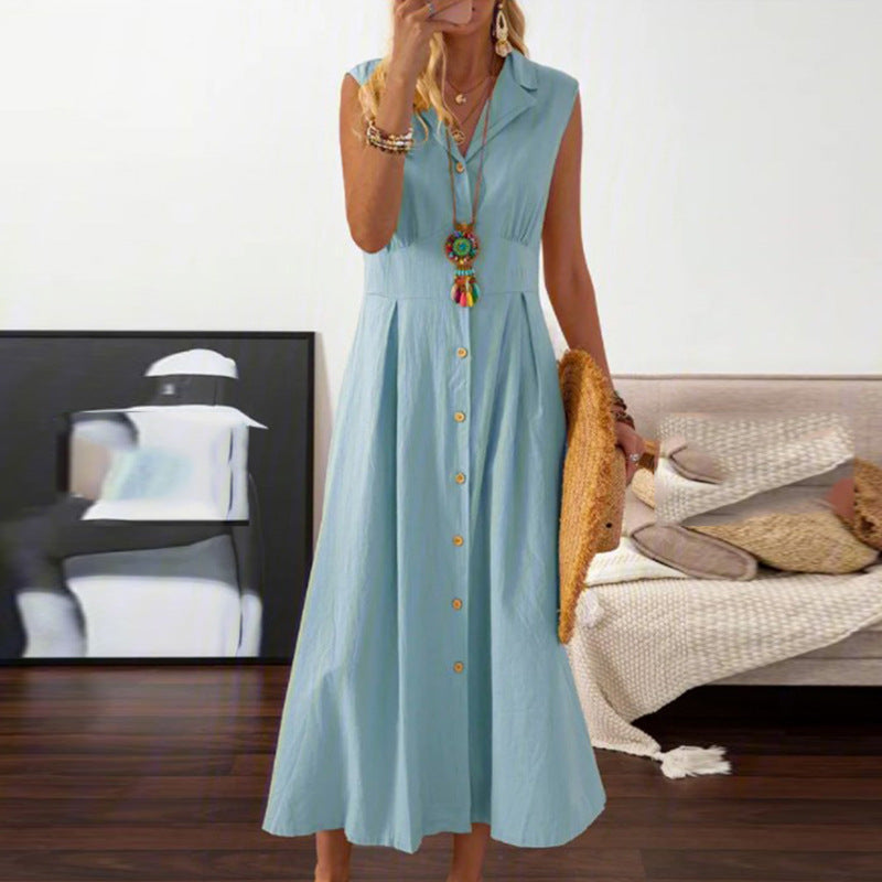 LOVECCR European American Summer New Skirt  Lapel Women's A- line Vintage Cotton Linen Long Dress