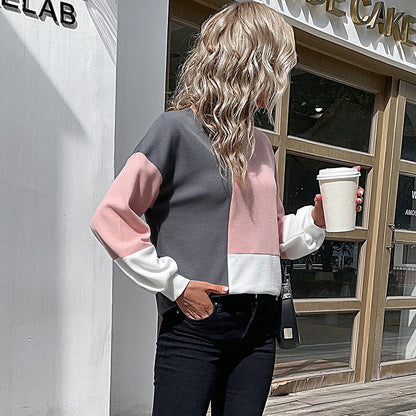 LOVECCR New women's clothing popular new 2025 splicing knitted top long-sleeved color matching knitted waffle sweater