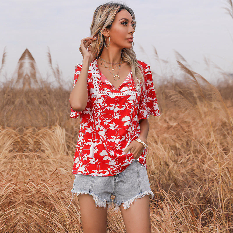 LOVECCR New new loose-print lace-up short-sleeved lace splicing 2025 tops, red shirts, women's summer