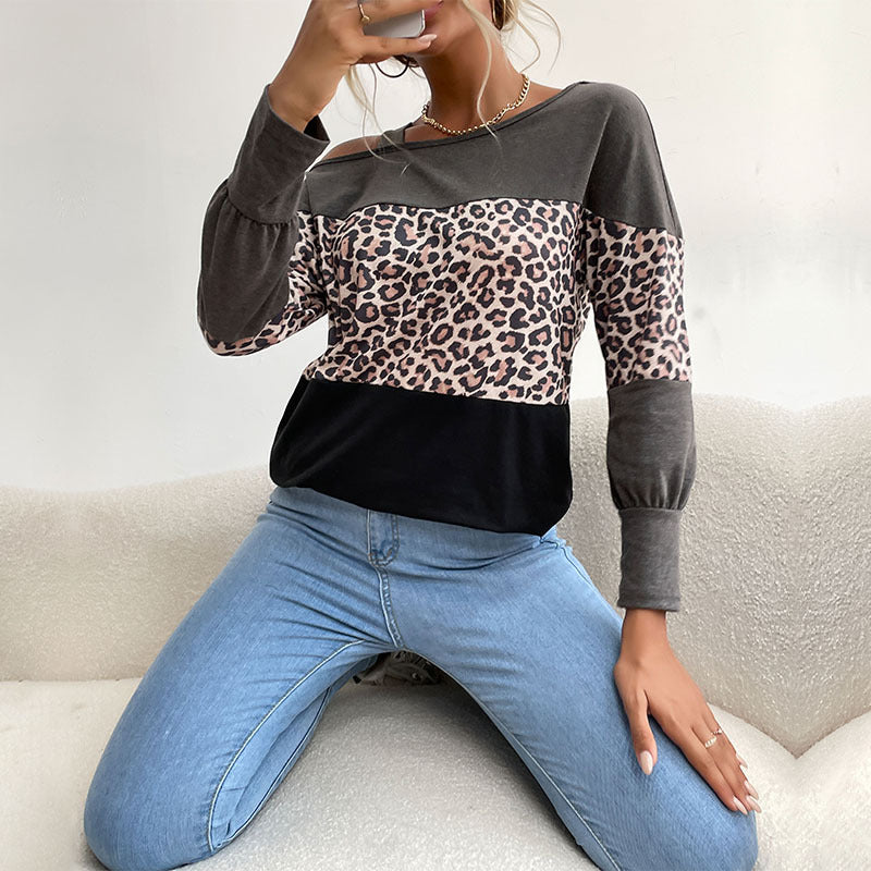 LOVECCR popular autumn and winter new New bottoming shirt Middle East one-word collar hollow off-the-shoulder loose leopard print women's splicing top