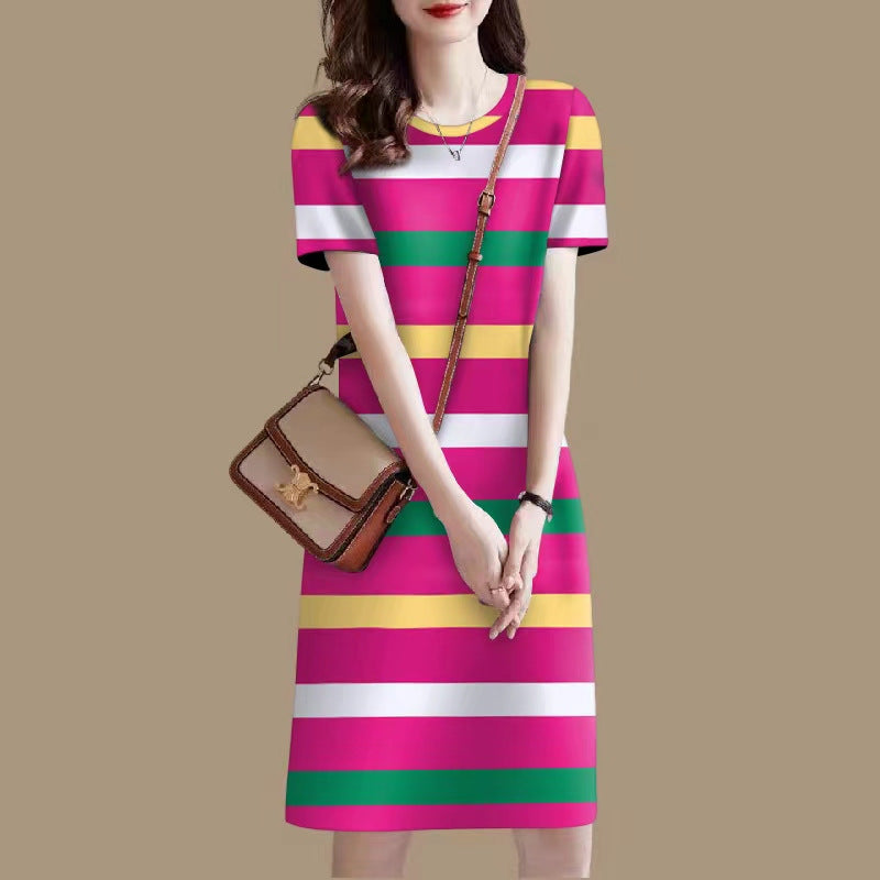Wholesale  Summer New Middle-Aged Mom Age-Reducing round Neck Striped Dress Slimming Dress One Piece Dropshipping