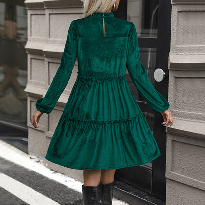 LOVECCR Europe and the United States  new long-sleeved solid color dress dark green velvet mid-skirt ruffle edge women's skirt