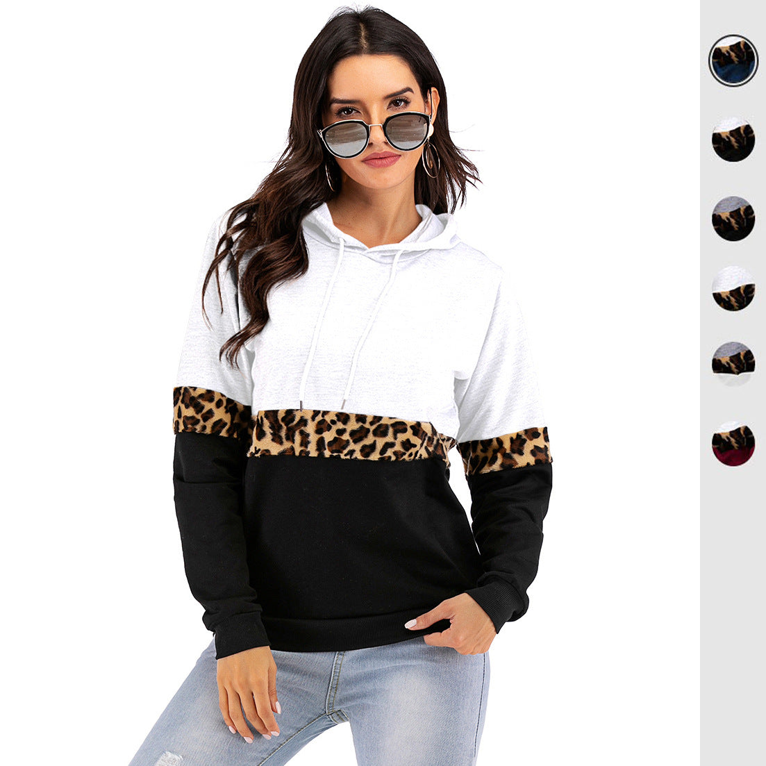 LOVECCR 2025 Express Autumn and Winter Hooded Long Sleeve Contrast Color Bottom Hooded Sweater Women's  Hot Trade Leopard Print Pullover Hoodie