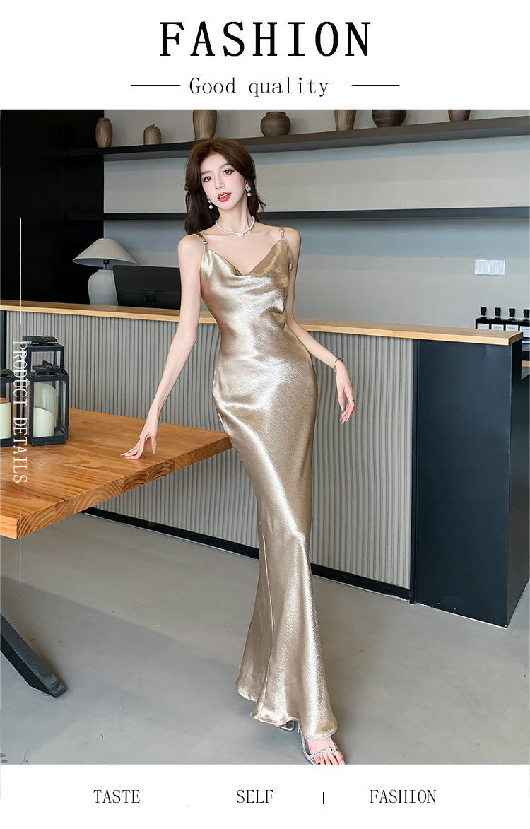 LOVECCR  Champagne Satin Sling Dress Women's Summer Light Luxury Banquet Swing Collar Evening Dress High-Grade Beauty Back Hip Skirt