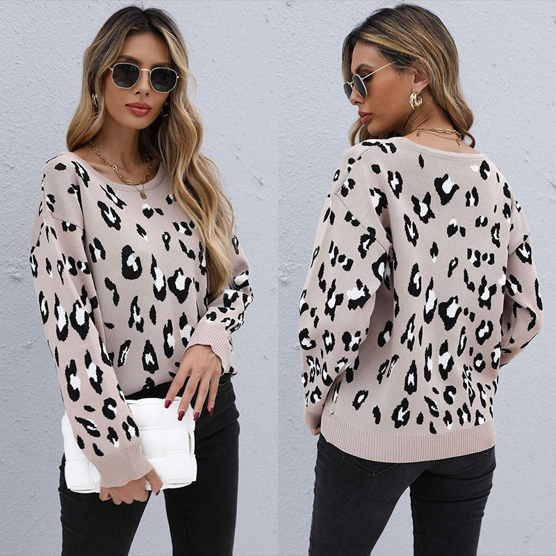 LOVECCR New  Women's Clothing popular Autumn and Winter New Pullover Bottom Knitted Sweater 2025 Leopard Print Crew Neck Sweater Guangzhou