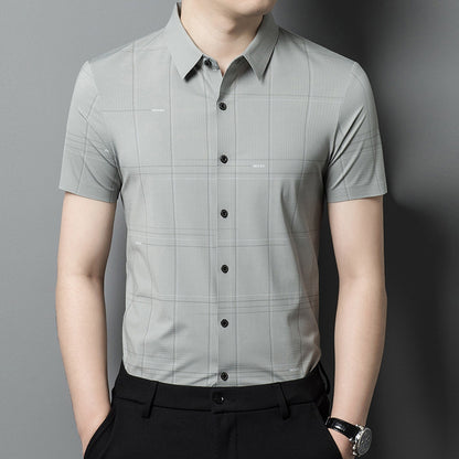 Summer New Short-Sleeved Men's Shirt Seamless Ice Silk Middle-Aged Business Leisure Plaid Men's Shirt Wholesale