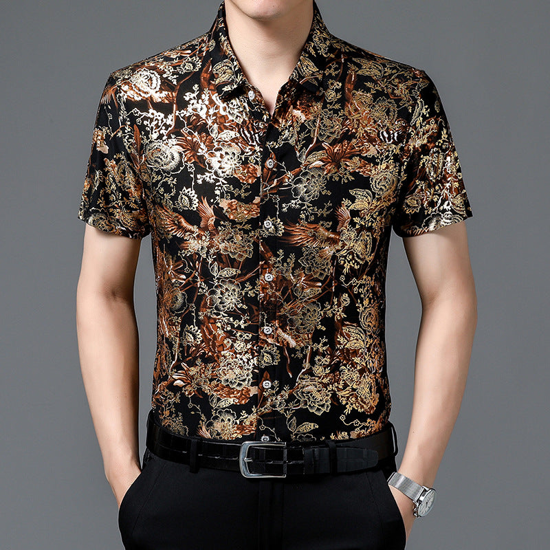 Middle-Aged Men's Summer Short Sleeve Printed Shirt Loose Non-Ironing Casual Half Sleeve Ice Silk Shirt Bronzing Thin Top Fashion