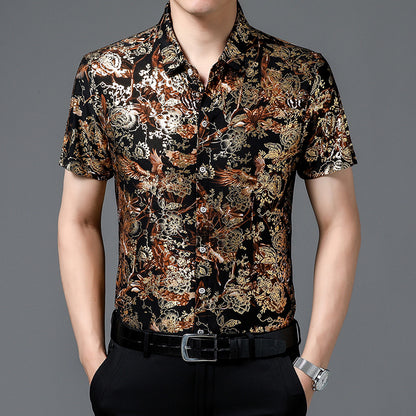 Middle-Aged Men's Summer Short Sleeve Printed Shirt Loose Non-Ironing Casual Half Sleeve Ice Silk Shirt Bronzing Thin Top Fashion