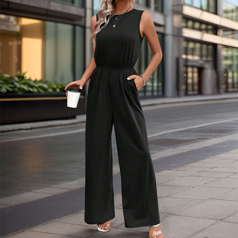 LOVECCR 2025  women's clothing sleeveless simple commuter jumpsuit high-waisted elastic-waisted jumpsuit straight-leg trousers