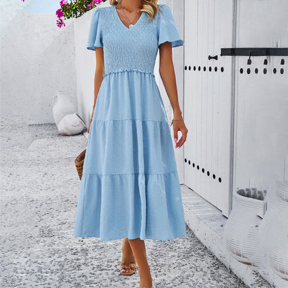 Diyun Cross-Border Women's Clothing  Temu Spring/Summer Foreign Trade Temperament Leisure Solid Color and V-neck Short Sleeve Dress