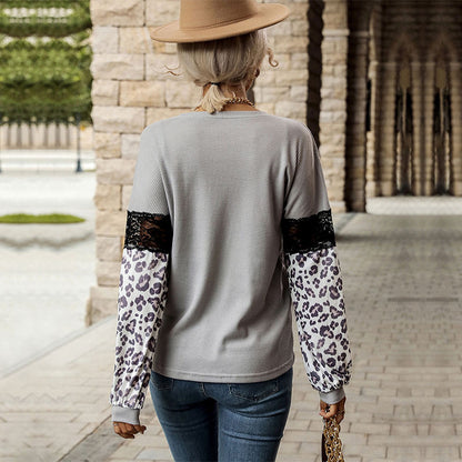 LOVECCR popular autumn and winter 2025 Popular trade lace splicing top female leopard print long sleeve contrasting color  New knitted female