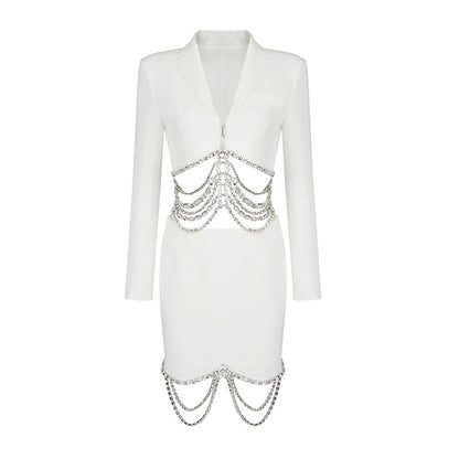 LOVECCR Hot trade two-piece set, long-sleeved 2025 white suit, high-end rhinestone tassel suit, heavy industry women's suit skirt