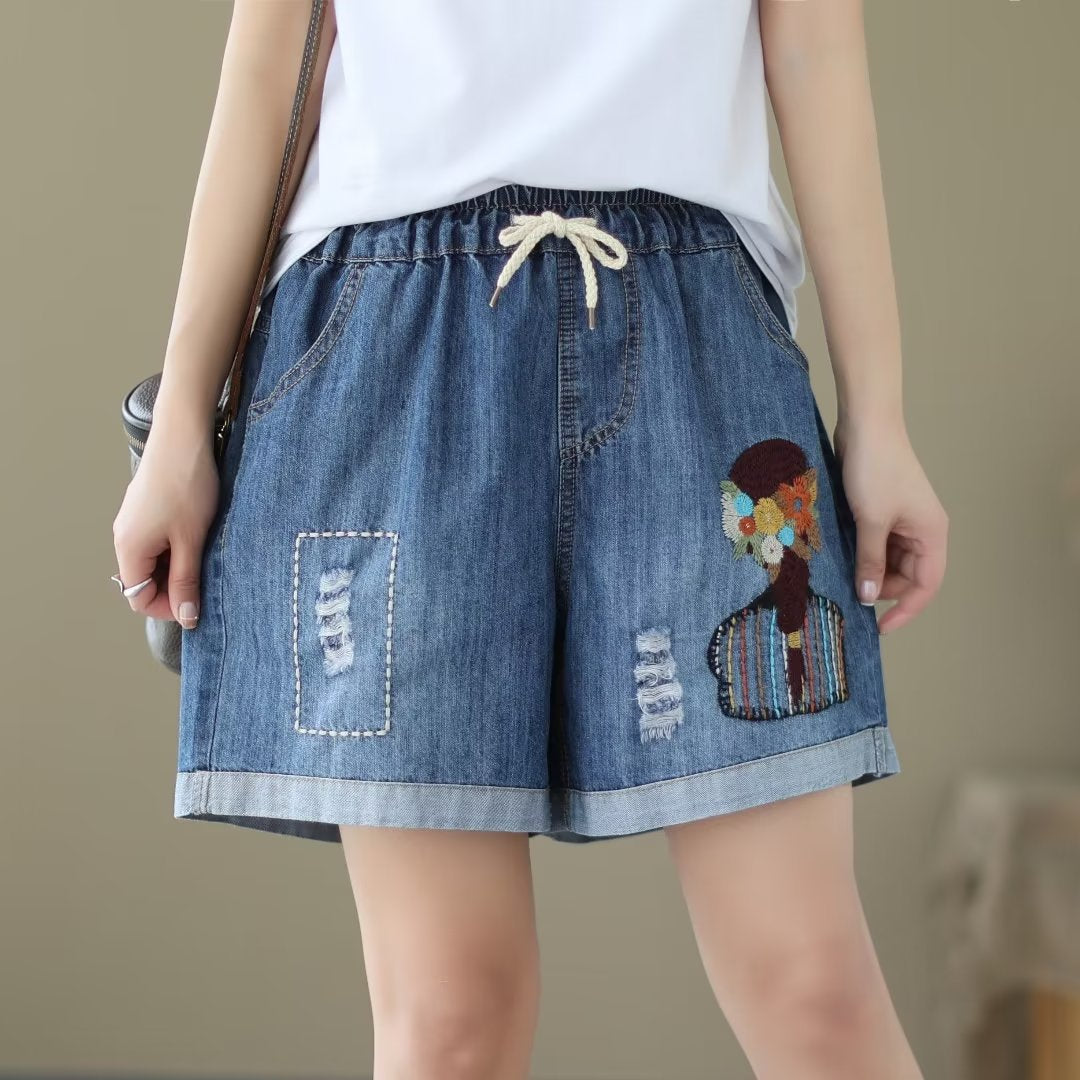 Japanese Style Denim Shorts Women's Summer Thin Loose Slimming Retro Casual Embroidered Shorts Wide Leg Pants