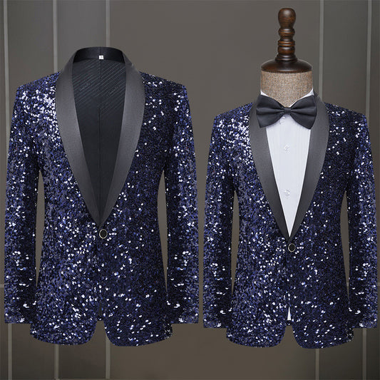 LOVECCR   Men's Dress Sequined Color-Changing Flash Bar DJ Nightclub Stage Performance Suit Host Singer Navy Blue Coat