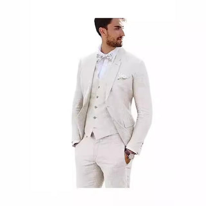 LOVECCR   Men's Linen Slim Fit Suit Wedding Western Slim Fit 3 Piece Set Groom Swallowtail Best Men's Prom Suit