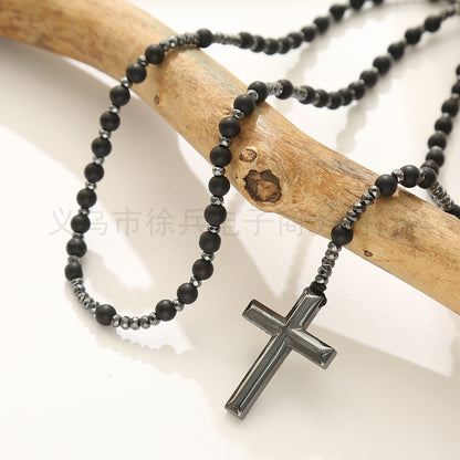 New Cross-Border Direct Supply in Stock Minimalist Creative Cross 6cm Matt Black Agate Haematite Men's and Women's Necklaces