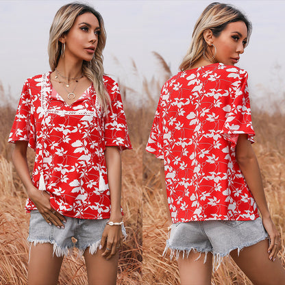 LOVECCR New new loose-print lace-up short-sleeved lace splicing 2025 tops, red shirts, women's summer