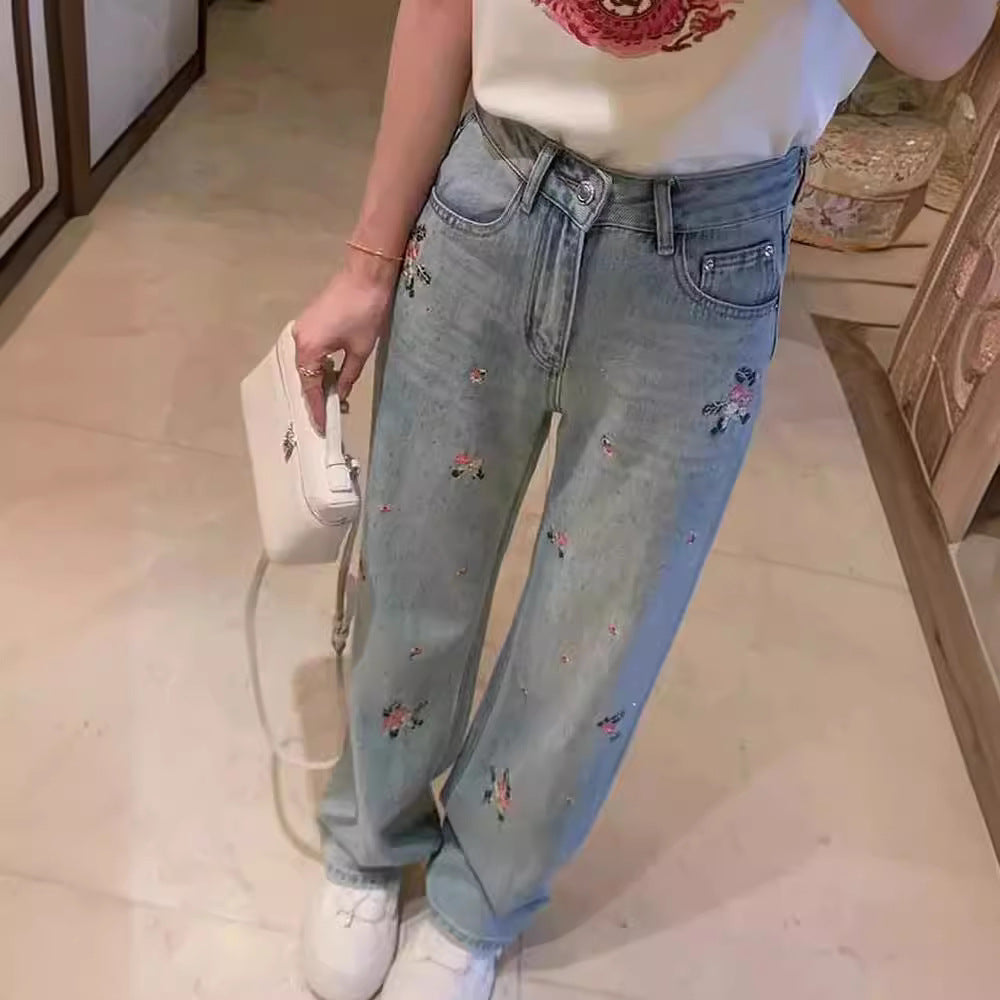 In Stock Early Spring 2024 Rhinestone New Chinese Style Chinese Style Embroidery Washed Jeans Women's All-Match Fashion Straight Pants Trendy Women's