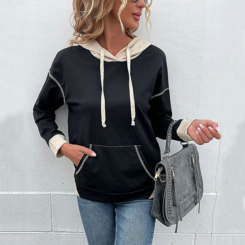 LOVECCR popular new autumn long-sleeved Popular trade women's clothing  New retro splicing retro hooded pullover sweater