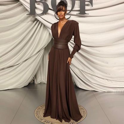 LOVECCR 2025 spring and summer new chocolate color design waist seal pleated dress popular coffee women's long-sleeved long dress