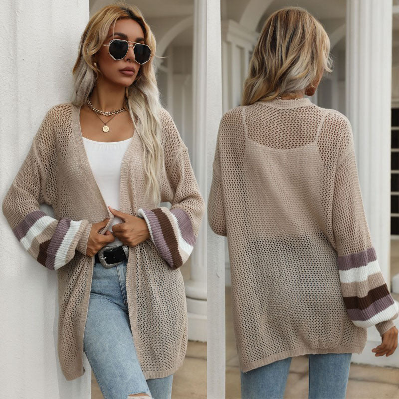 LOVECCR Strictly selected  Hot autumn 2025 medium and long contrasting color loose sweater knitted cardigan thin coat women