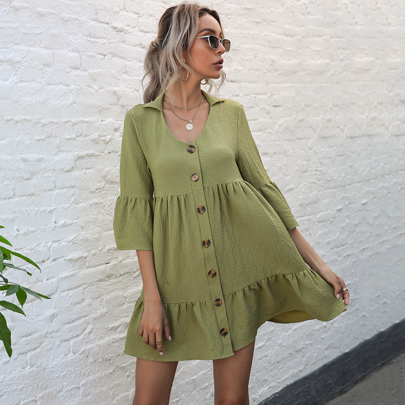 LOVECCR Hot summer new five-quarter-sleeved doll skirt temu hot sale 2025 new skirt button ruffle edge dress