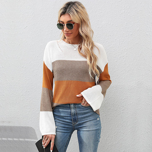 LOVECCR   Hot autumn and winter new casual 2025 women's clothing crew neck striped color matching loose knitted sweater