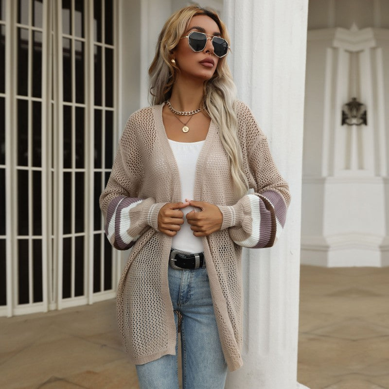 LOVECCR Strictly selected  Hot autumn 2025 medium and long contrasting color loose sweater knitted cardigan thin coat women