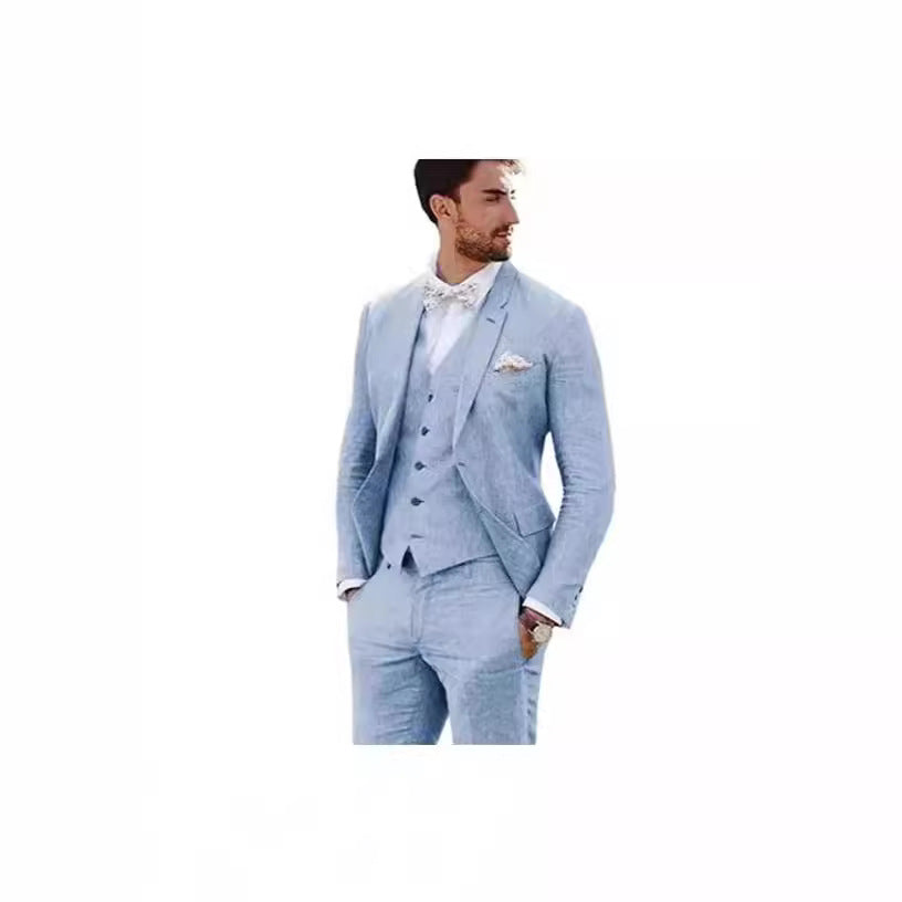 LOVECCR   Men's Linen Slim Fit Suit Wedding Western Slim Fit 3 Piece Set Groom Swallowtail Best Men's Prom Suit