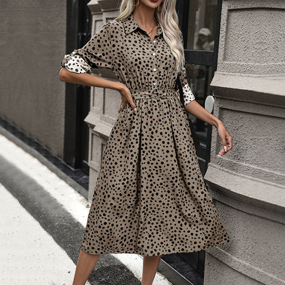 LOVECCR 2025  new dress lapel button temperament dress polka dot long dress high waist women's dress with belt