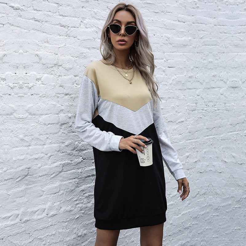 LOVECCR New popular new 2025 contrasting colors loose crew neck sweater skirt autumn long-sleeved splicing dress women