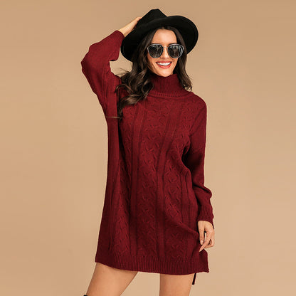 LOVECCR popular autumn and winter  explosion 2025 thickened twist knitted outer wear medium and long high neck pullover sweater skirt women