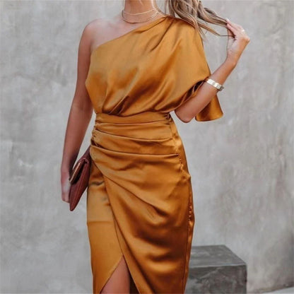 LOVECCR  Cross Border Women's Elegant High-End Party Slit Evening Dress Solid Color Irregular Mid Waist Sloping Shoulder Dress