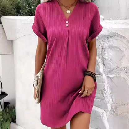 LOVECCR Cross-Border European and American Women's Clothing  New  Hot Sale V-neck Solid Color Pullover Leisure Button Dress in Stock